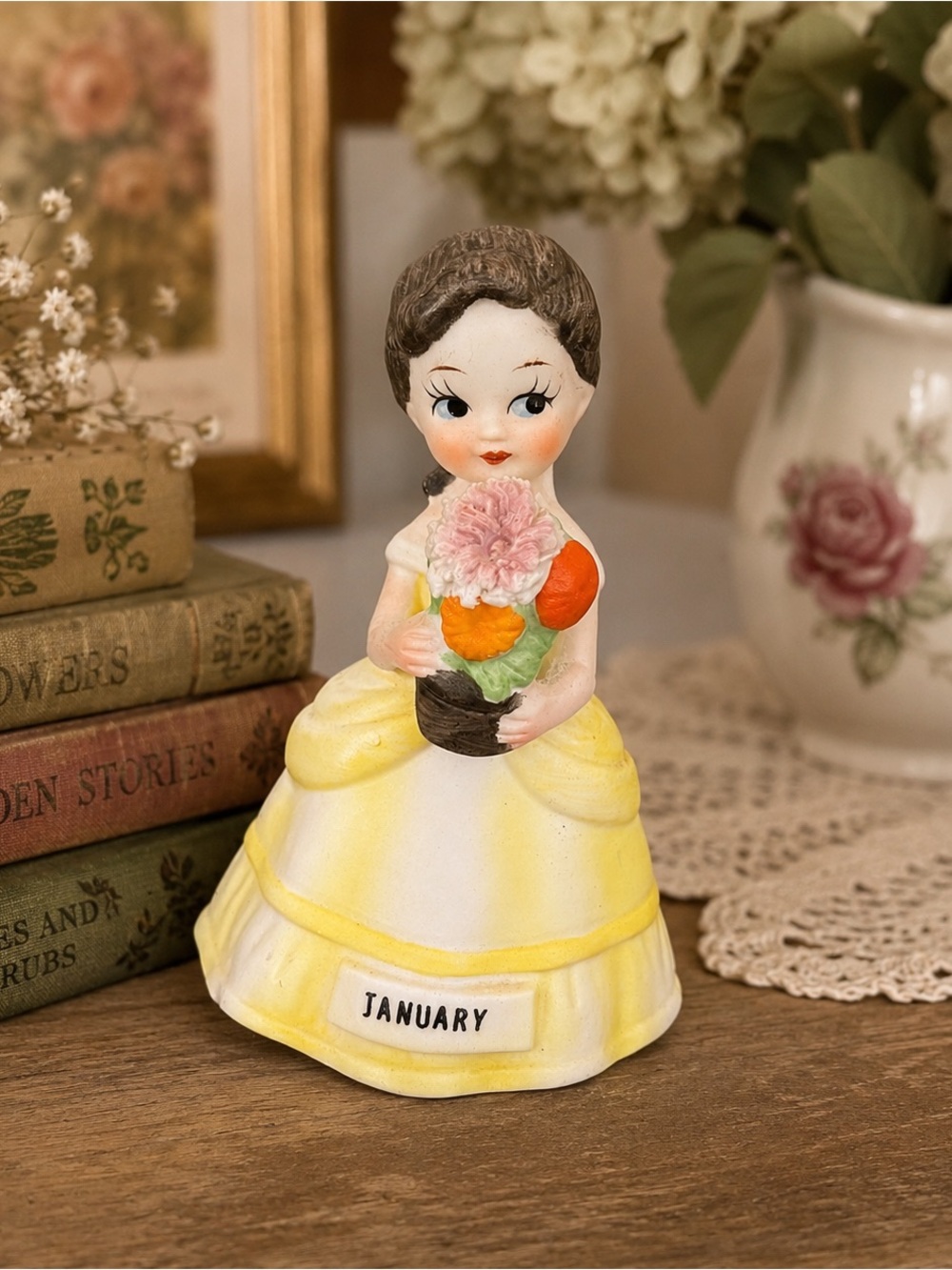 Lefton January‎ Birthday Girl Figurine Hand Painted Yellow Dress Taiwan